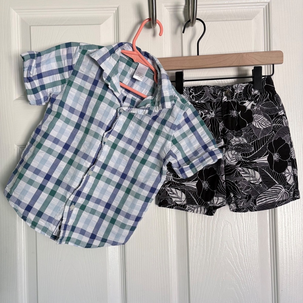 Janie and Jack 2pc Bundle Size 3 Blue Green Plaid Shirt Black Floral Shorts